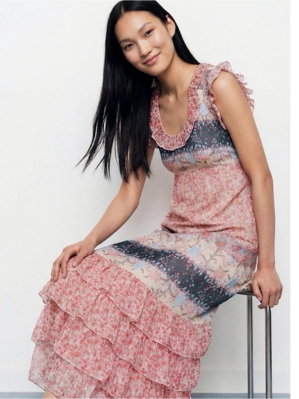 Anna Sui Paisley Garden Sleeveless Pink Floral Tiered Ruffle Maxi Dress H13